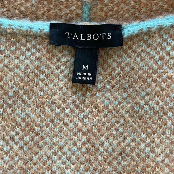 TALBOTS BIRD'S EYE PLAID OPEN FRONT CARDIGAN IN CANDIED BLUE/CAFE WOOL BLEND - Picture 7 of 8